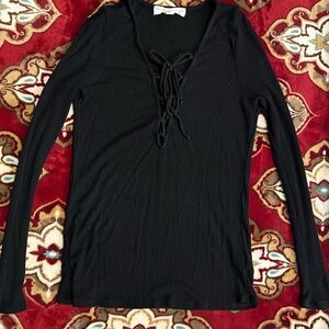 Black Lace-Up Ribbed Top